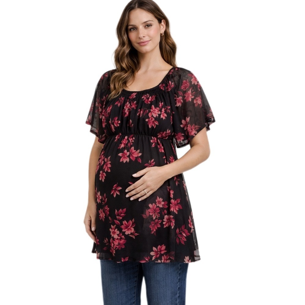 Full Moon Maternity Floral Top Black/Pink Puff Sleeve Size S NWOT​ Cottagecore